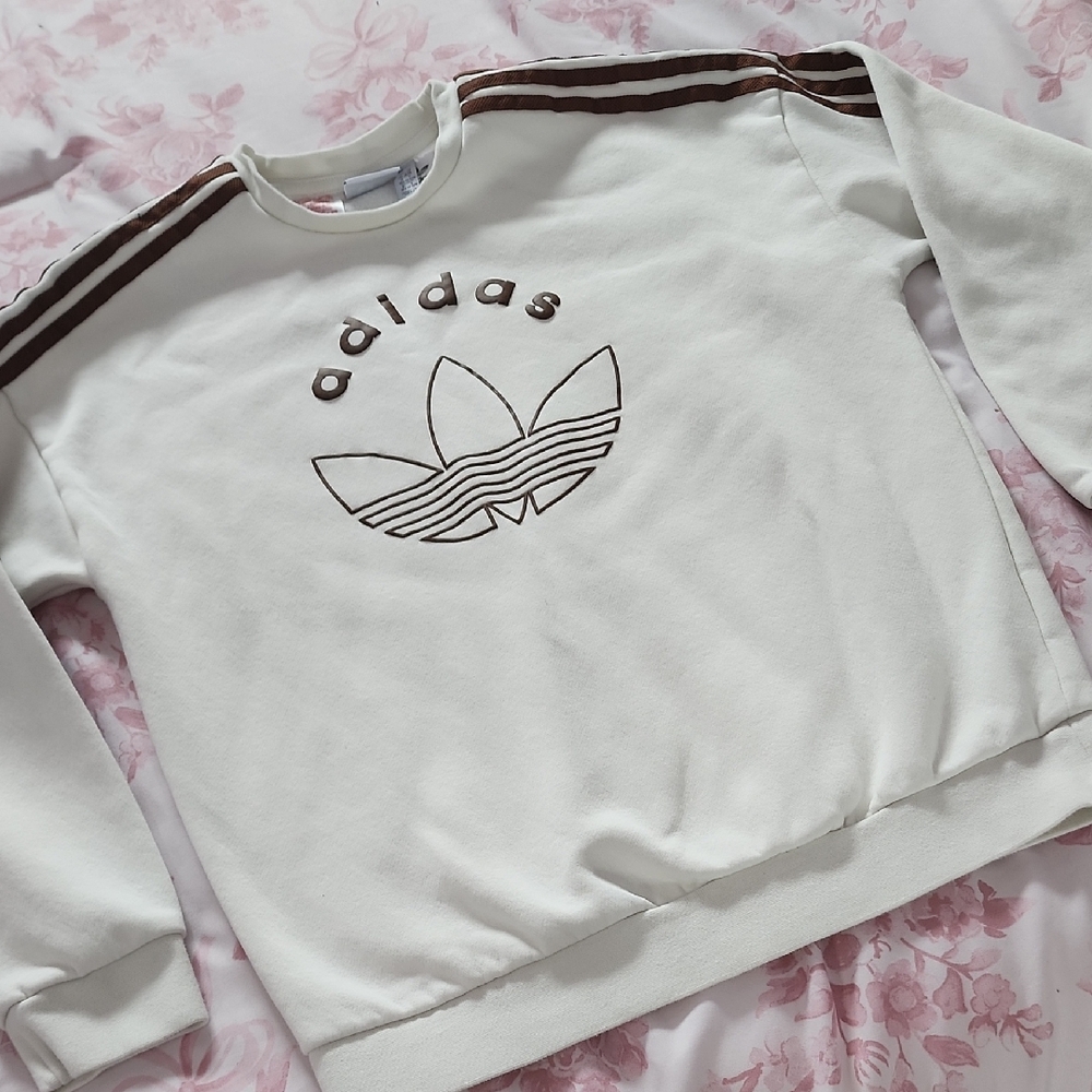 adidas Cream Sweatshirt with Brown Logo & Stripes
